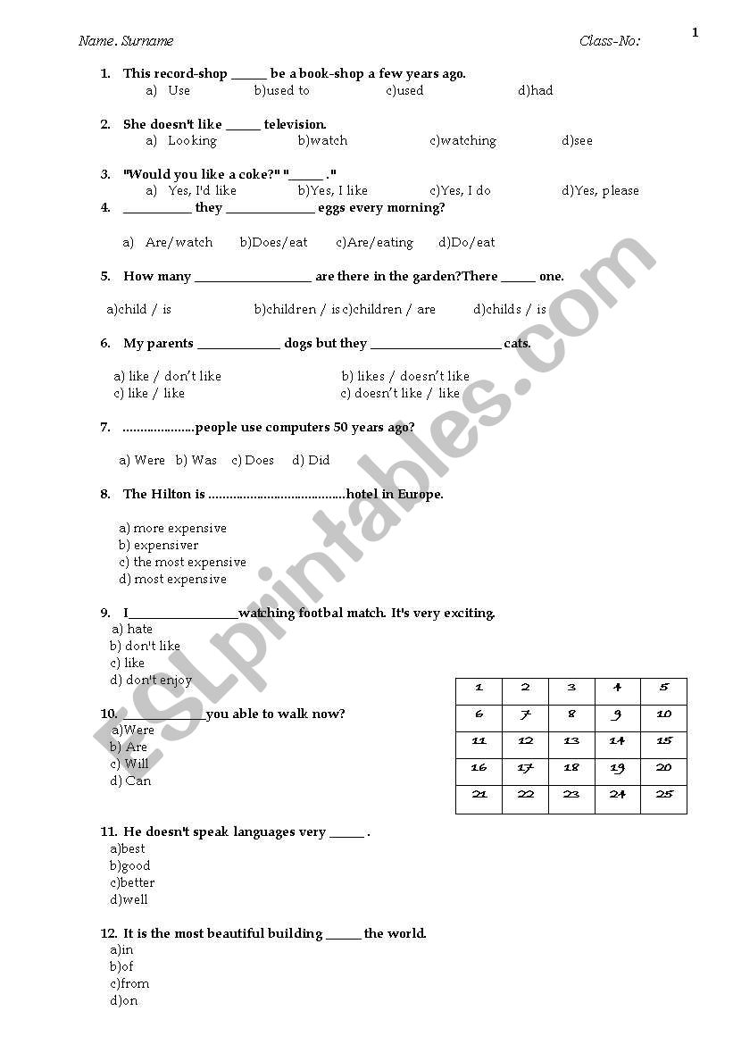 multiple choice test for elementary and pre intermediate levels
