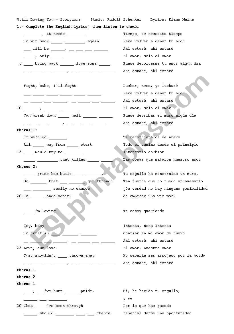 English Worksheets Scorpions Still Loving You Song