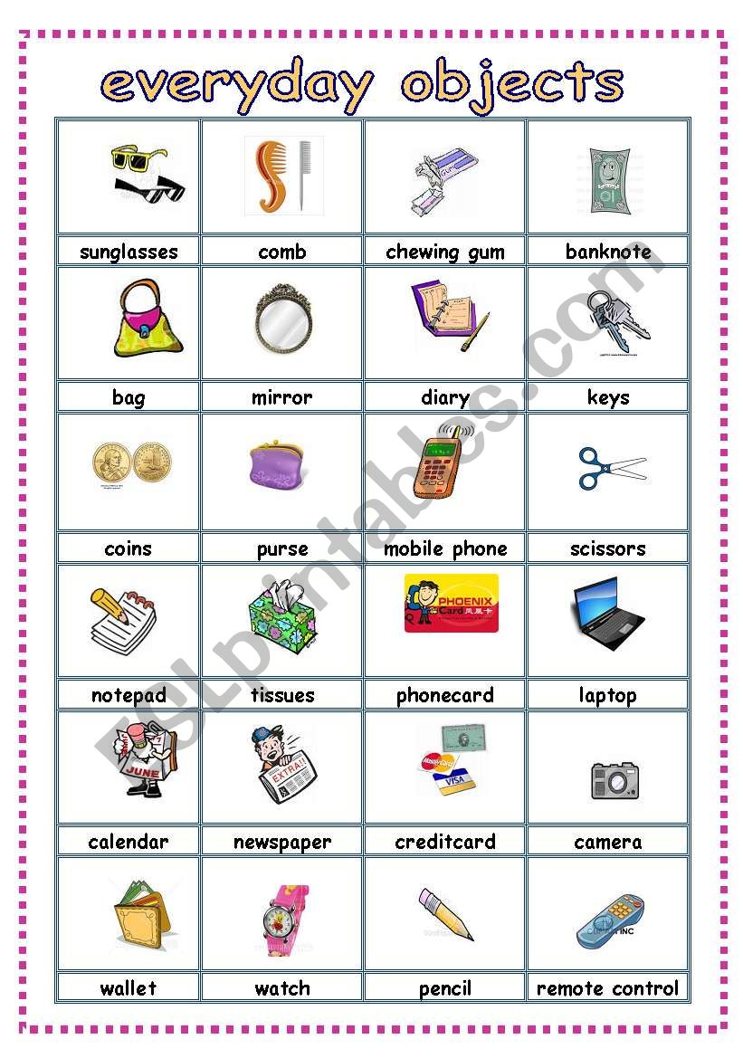 everyday objects pictionary worksheet