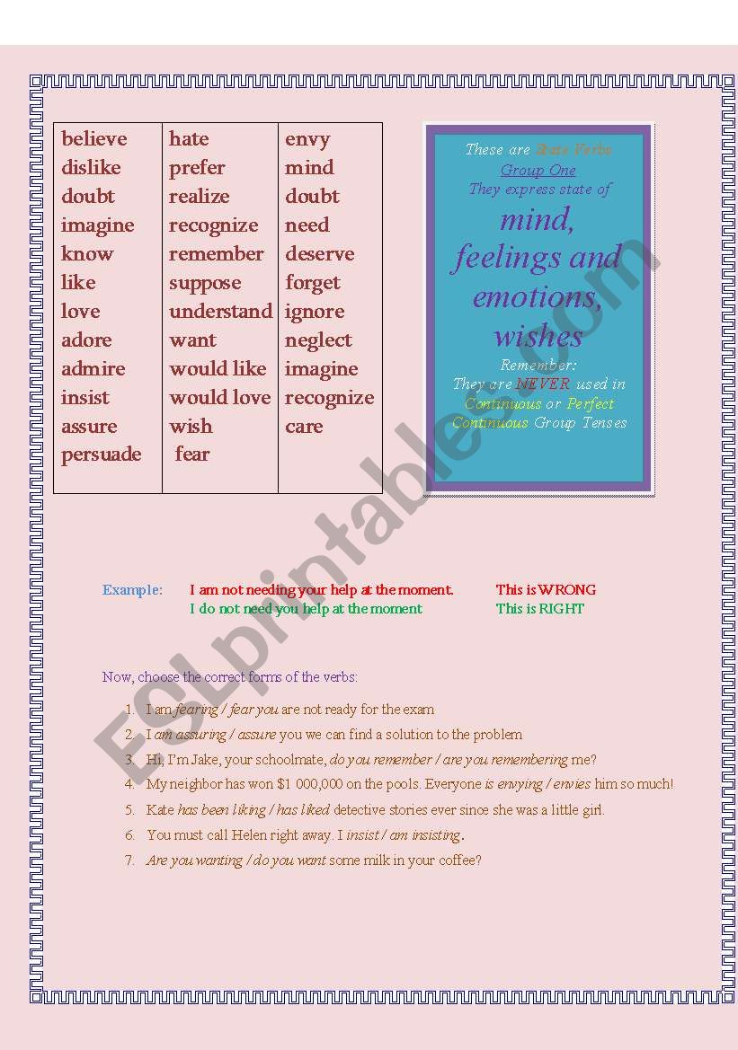 State Verbs worksheet