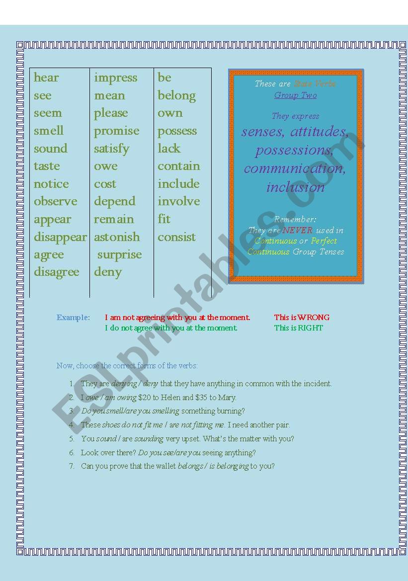 State Verbs (Group 2) worksheet