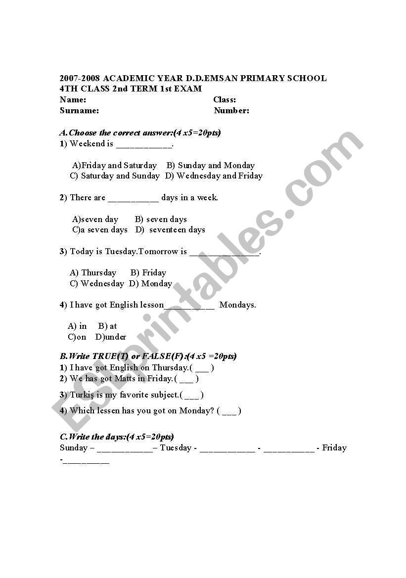 days animals and  time worksheet