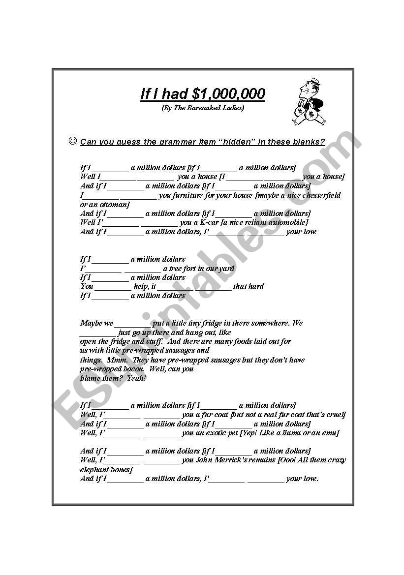 If I had a million dollars worksheet