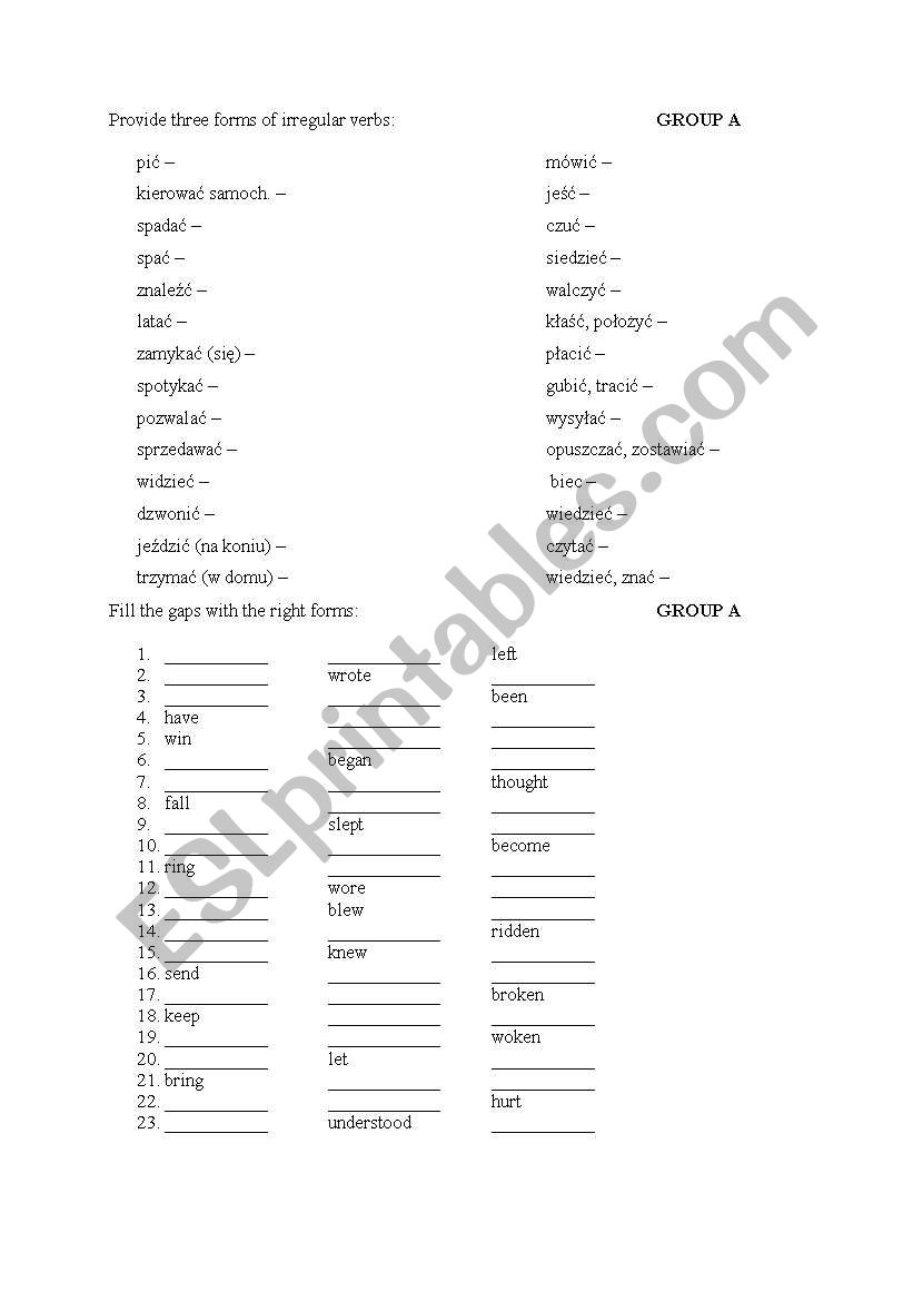 irregular verbs worksheet