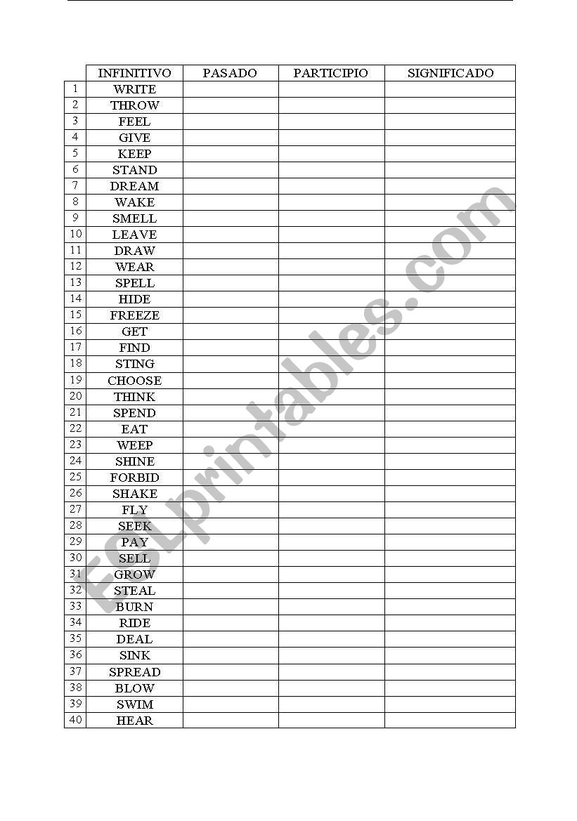 IRREGULAR VERBS EXAM worksheet