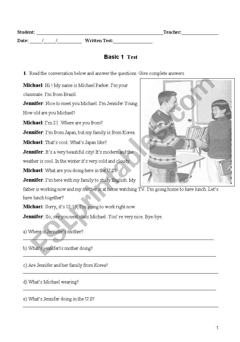 Basic one test worksheet