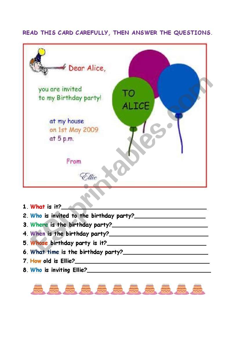 A birthday invitation. worksheet