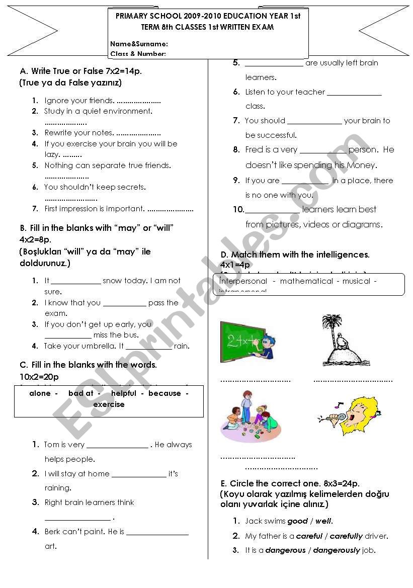 exam for 8th classes worksheet