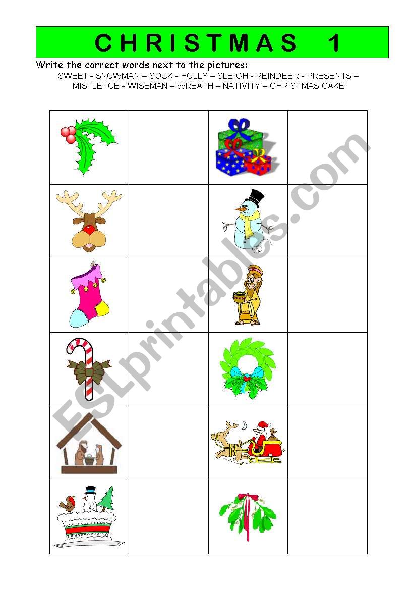 Christmas vocabulary worksheet 1/2