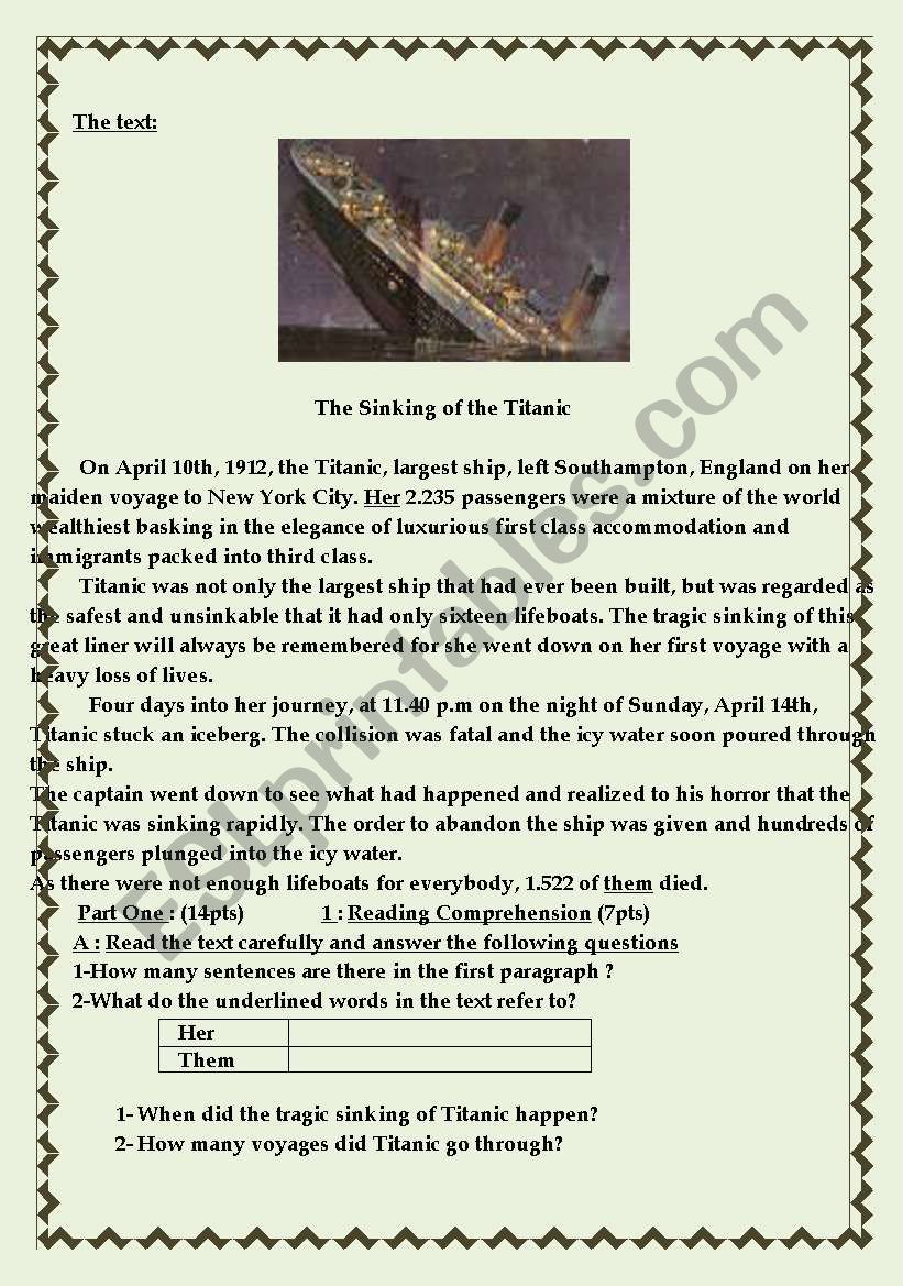 The Sinking of the Titanic worksheet