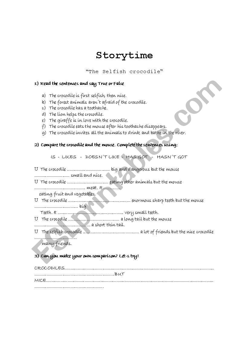 The selfish crocodile worksheet