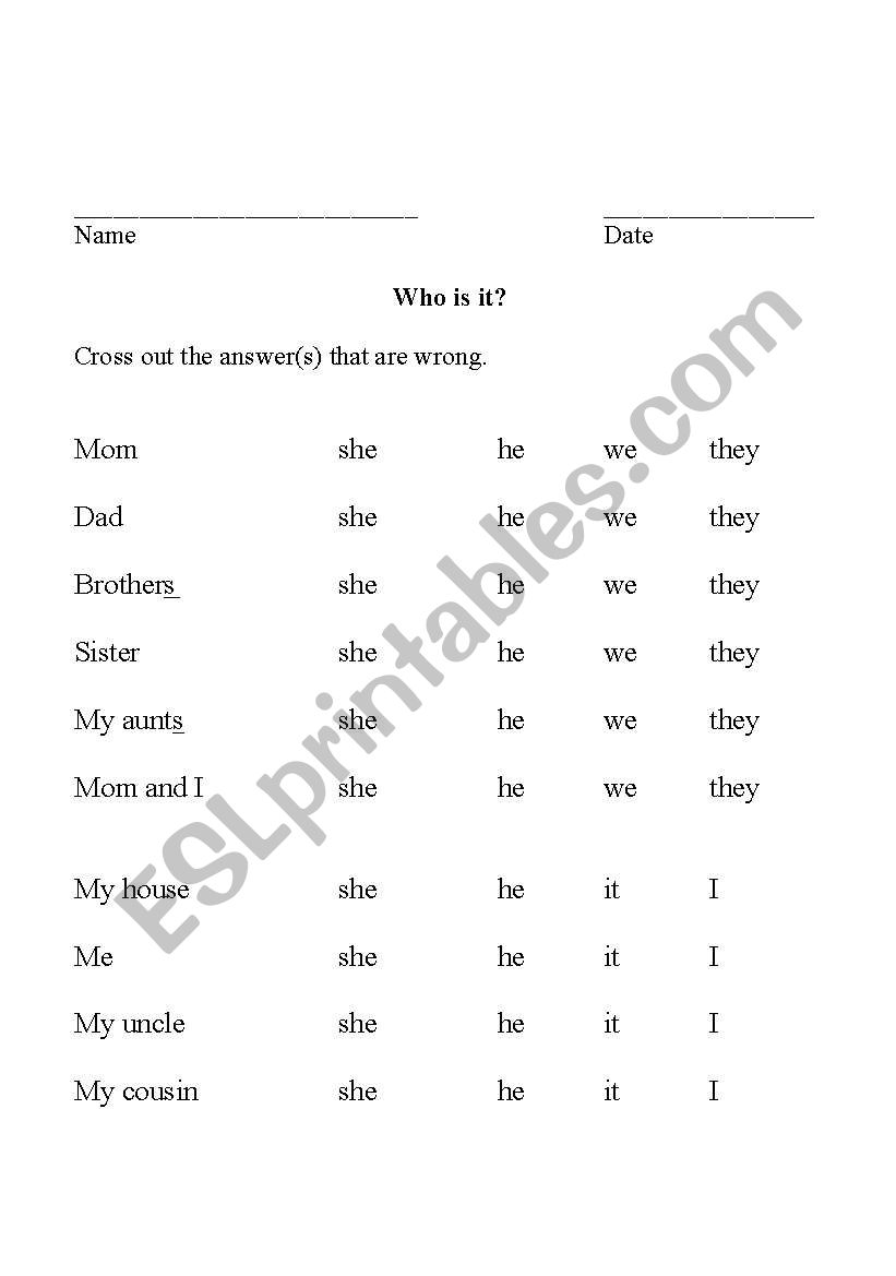 Family pronouns worksheet