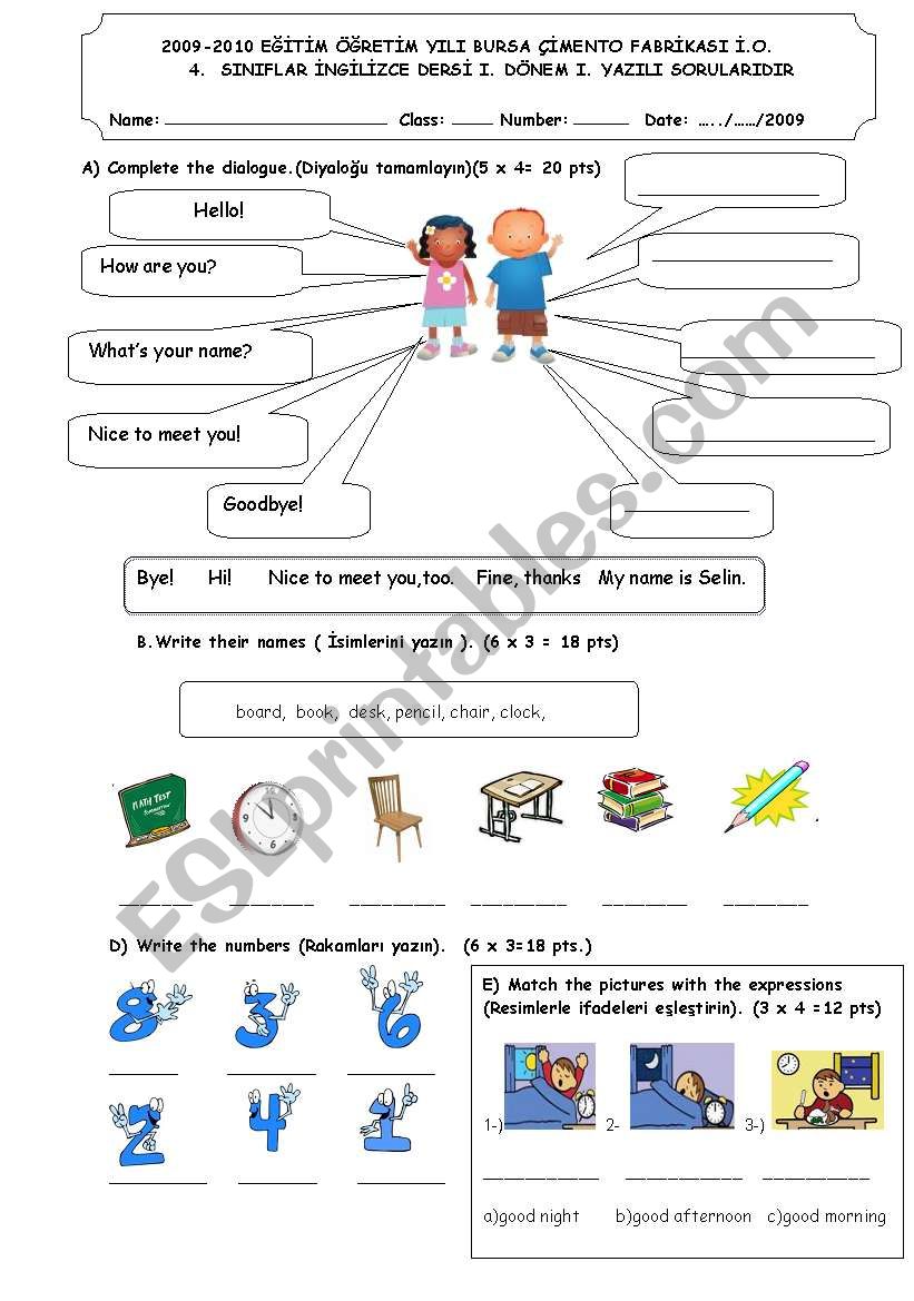 First Exam For Turkish 4th Grades-First page