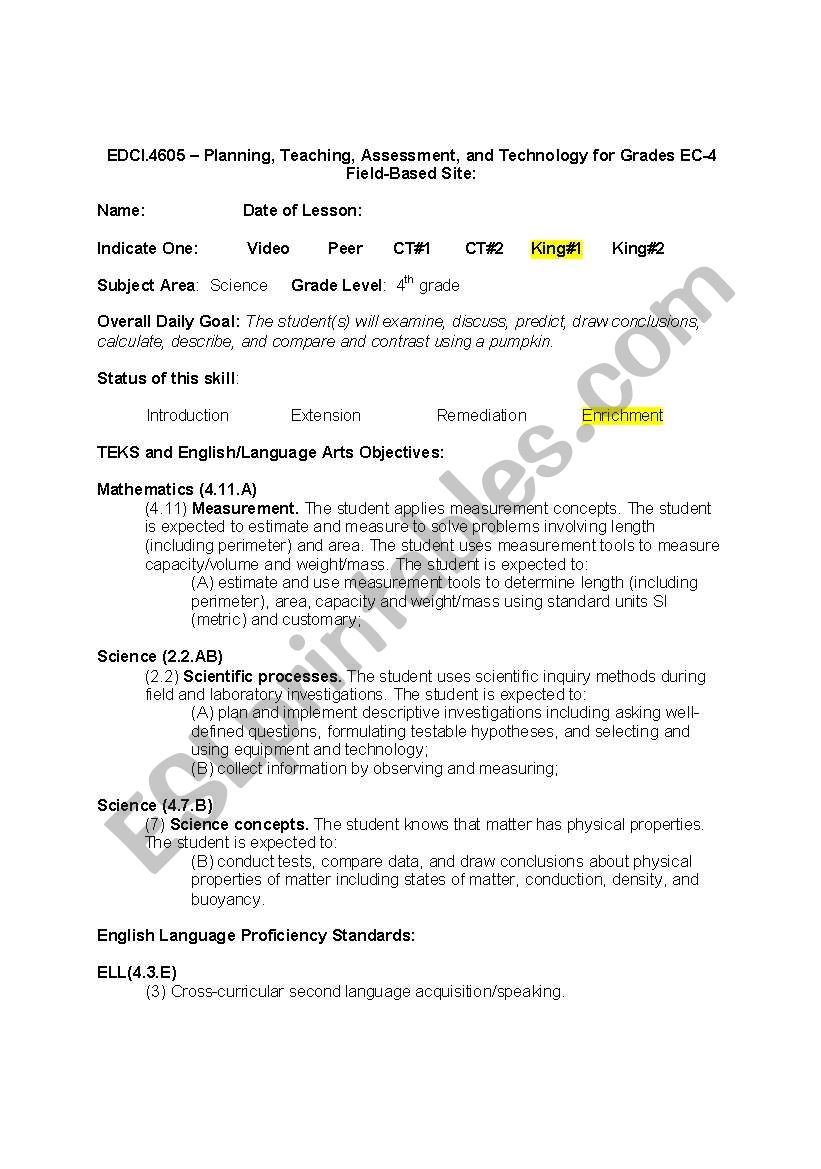 Pumpkin Science Lesson Plan worksheet