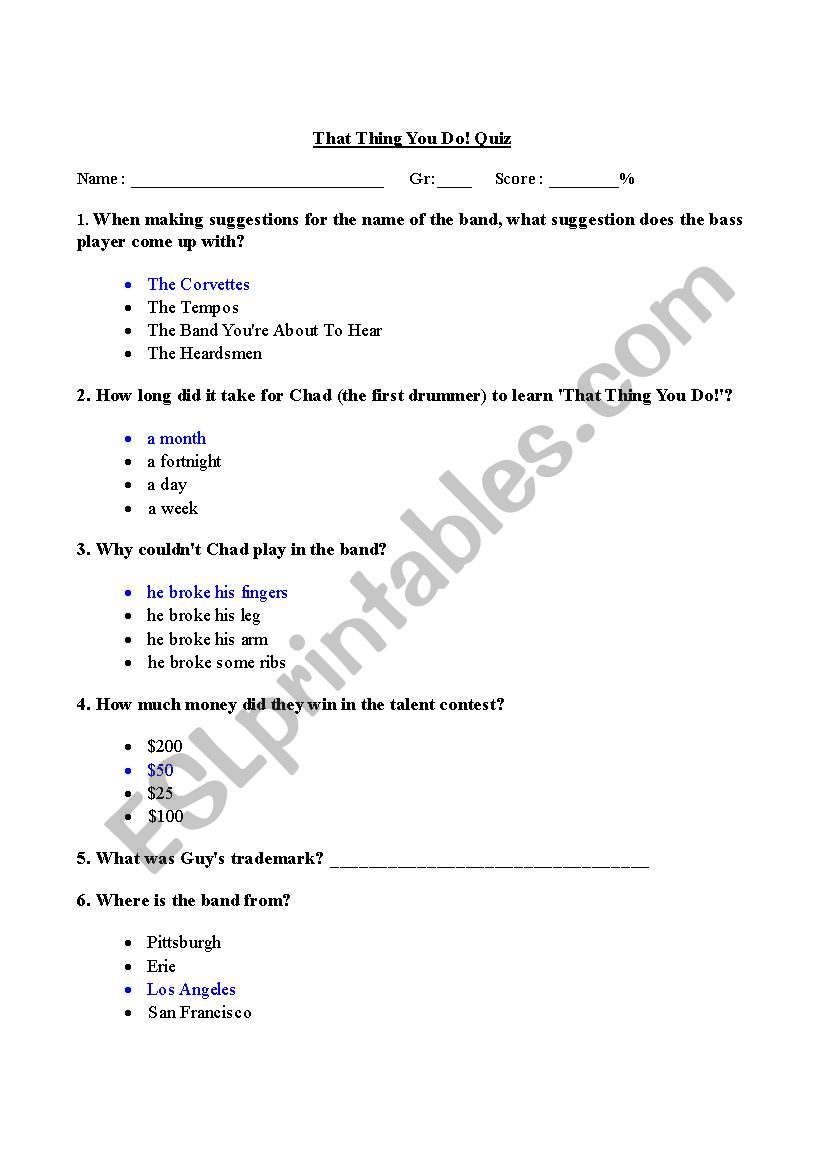 That thing you do Quiz worksheet