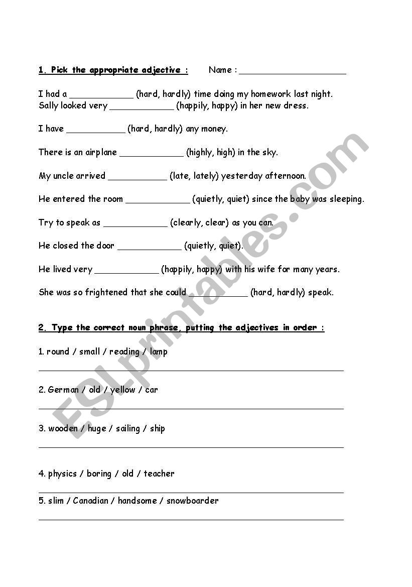 Adjectives order worksheet