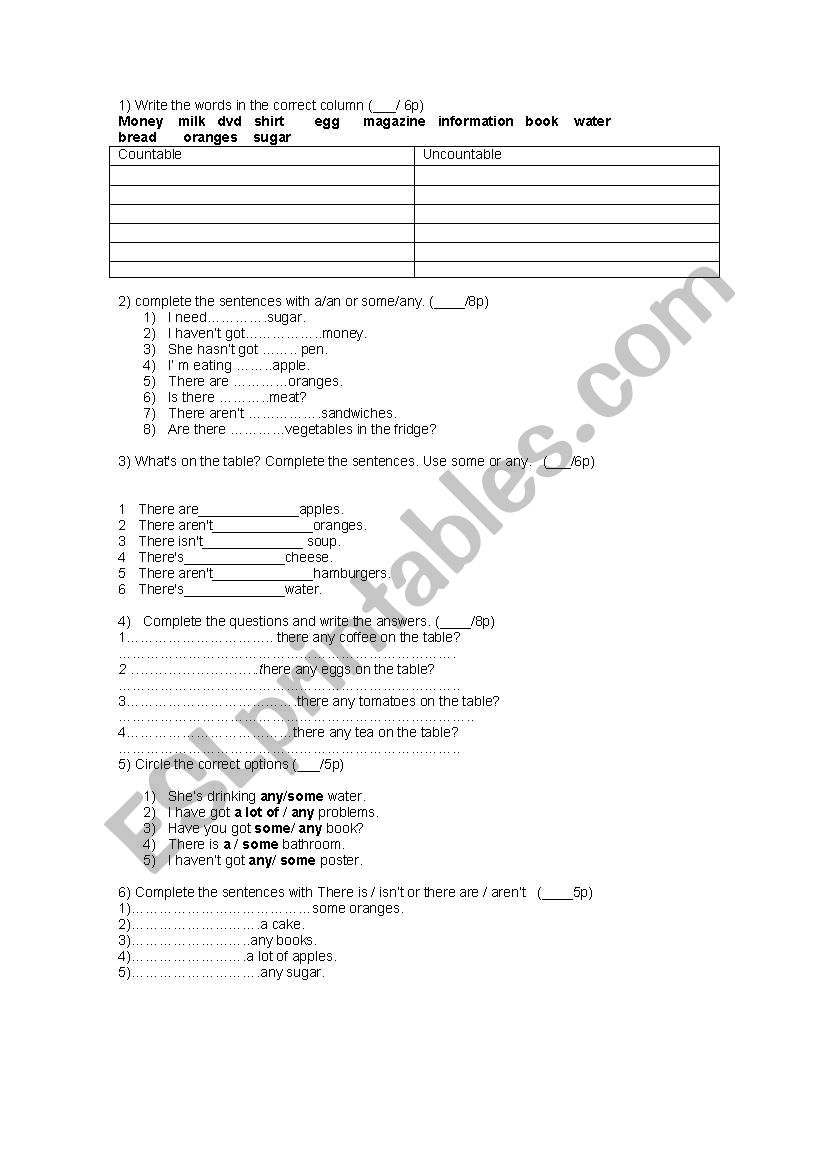 some / any  worksheet