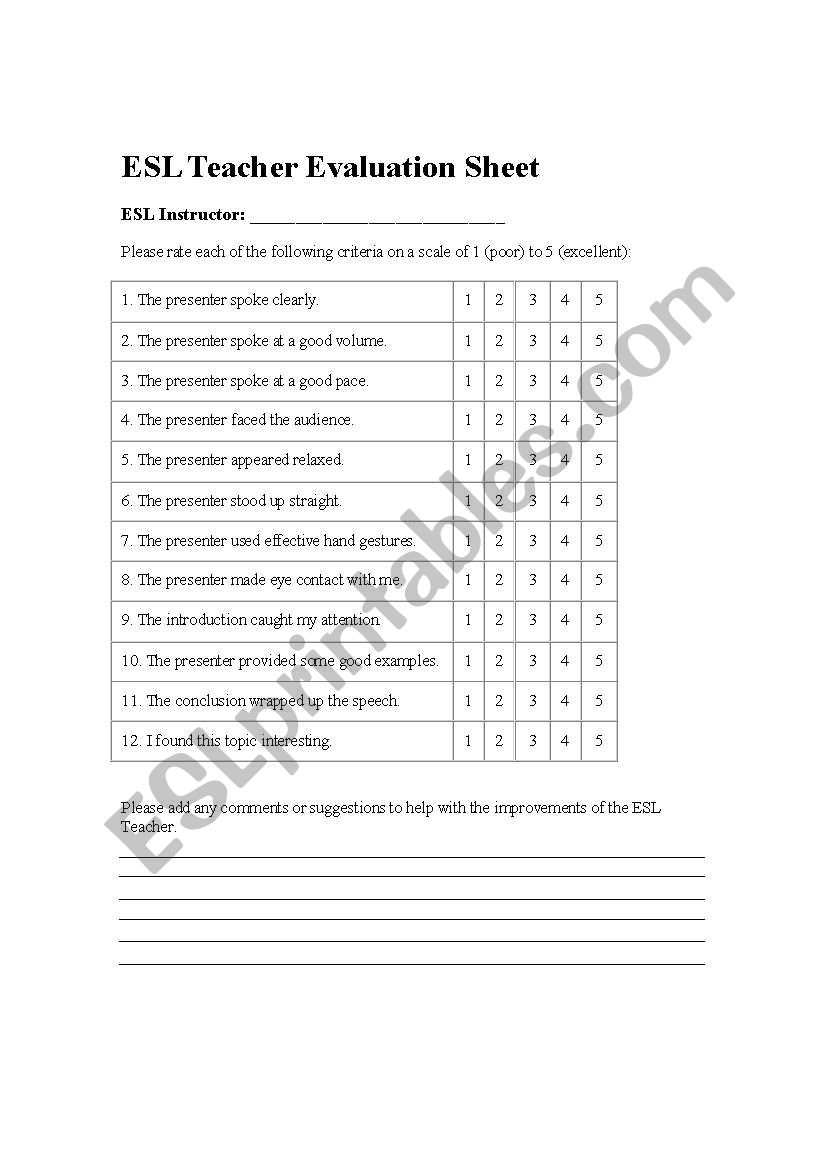 ESL Teacher Evaluation Sheet worksheet