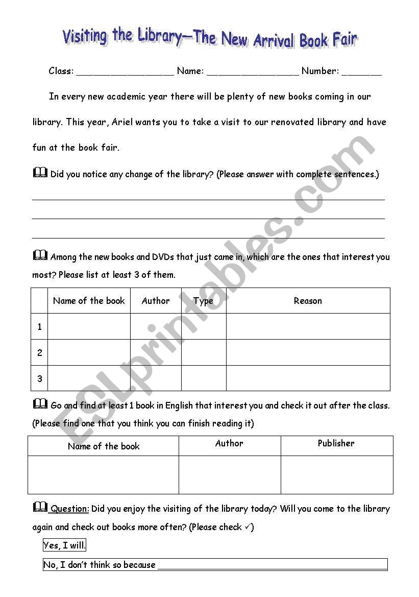 Library visiting worksheet worksheet