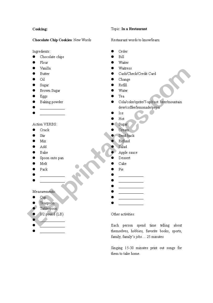 English vocabulary for cooking and eating out, and song