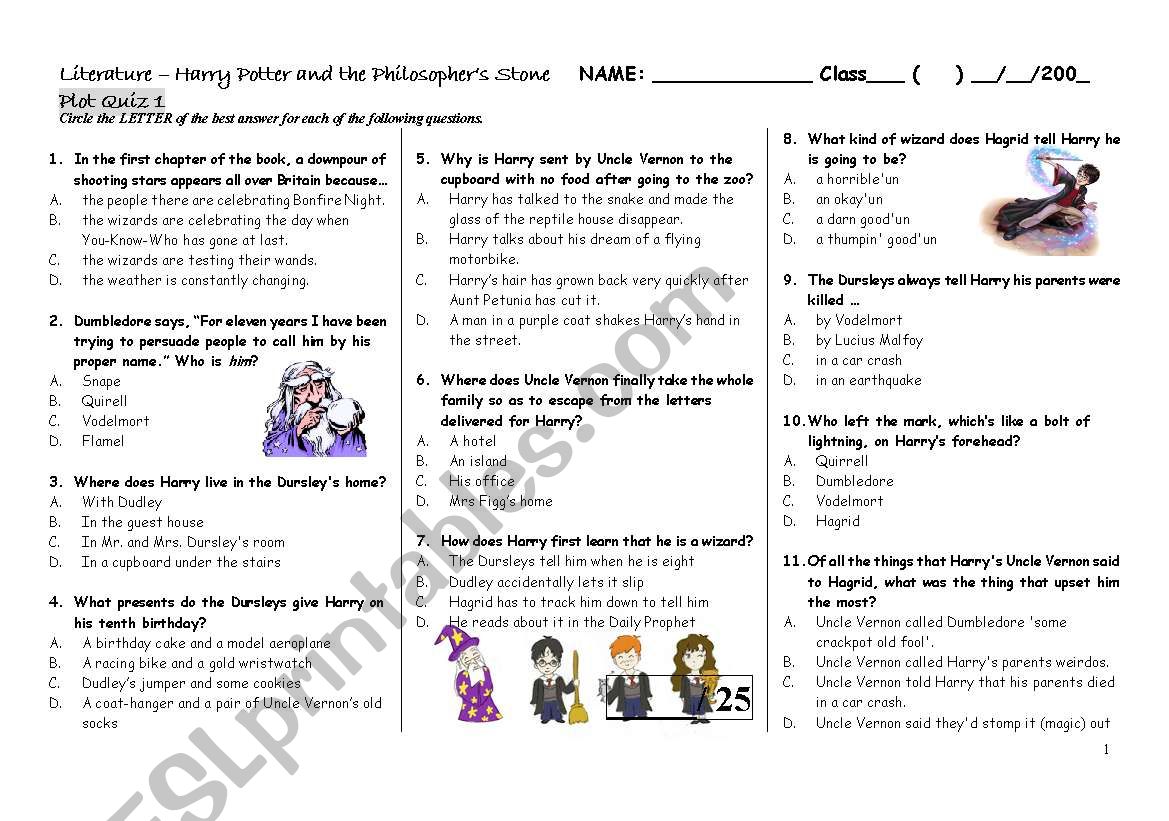 Harry Potter Book 1 Quiz 1 worksheet