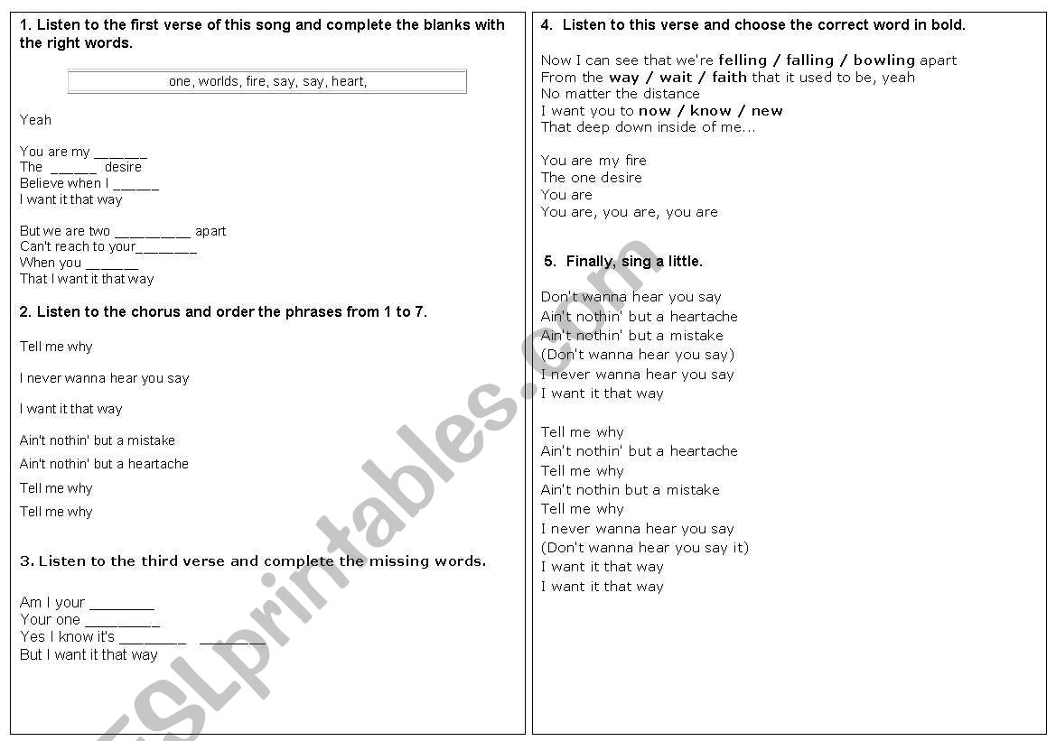 I want it that way- BSB worksheet