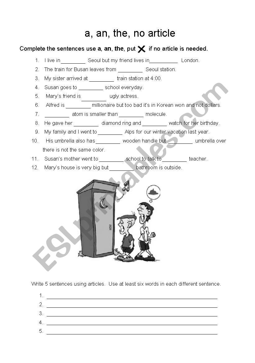 a, an, or no article worksheet