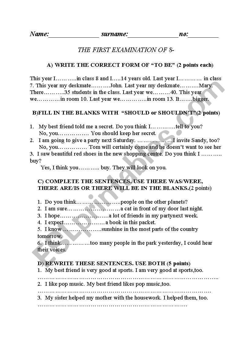 examination worksheet