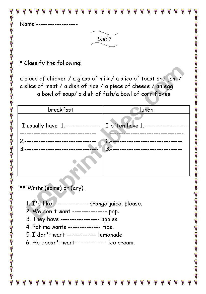 food worksheet
