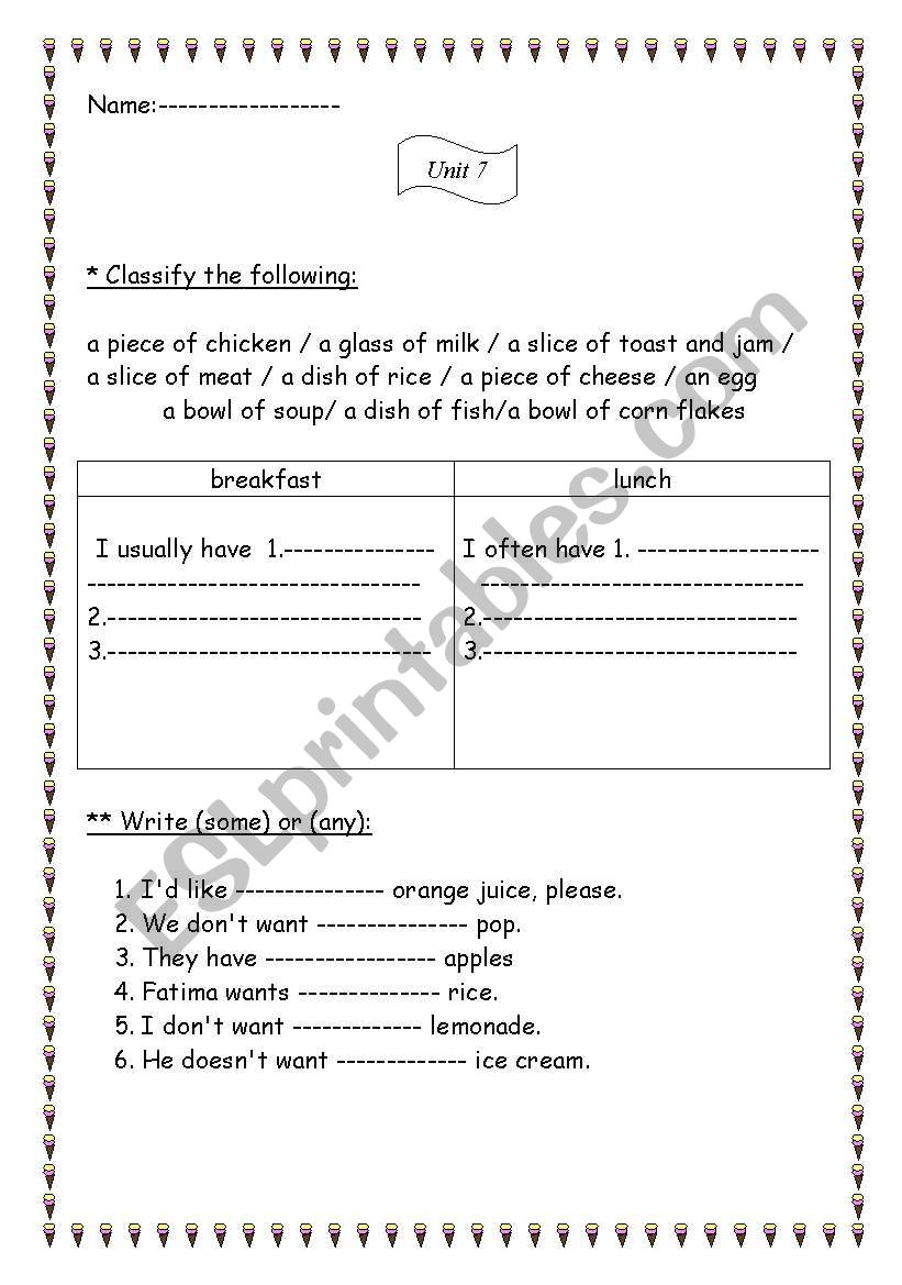 food worksheet