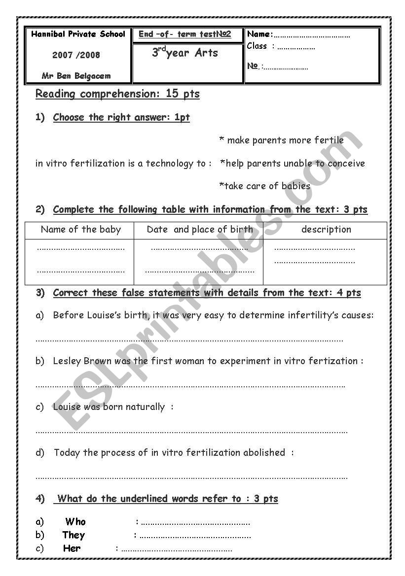 end of term test  3 rd year worksheet