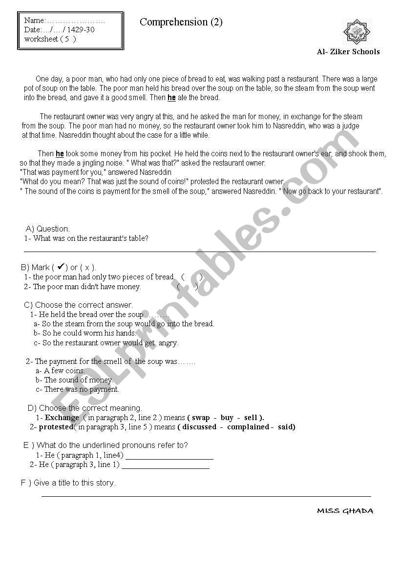 Comprehension worksheet