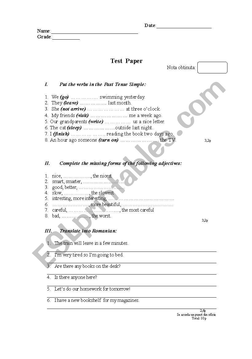 English Printable Worksheets 7th