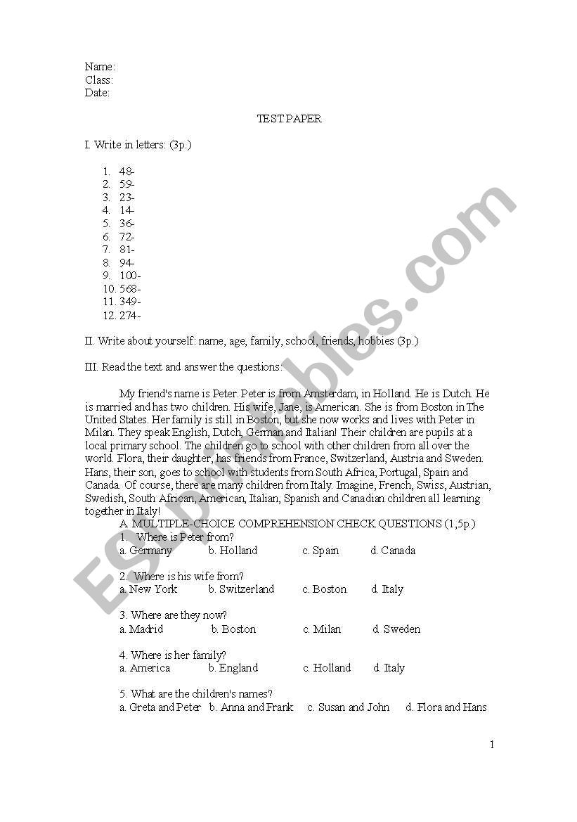 simple test 7th grade worksheet