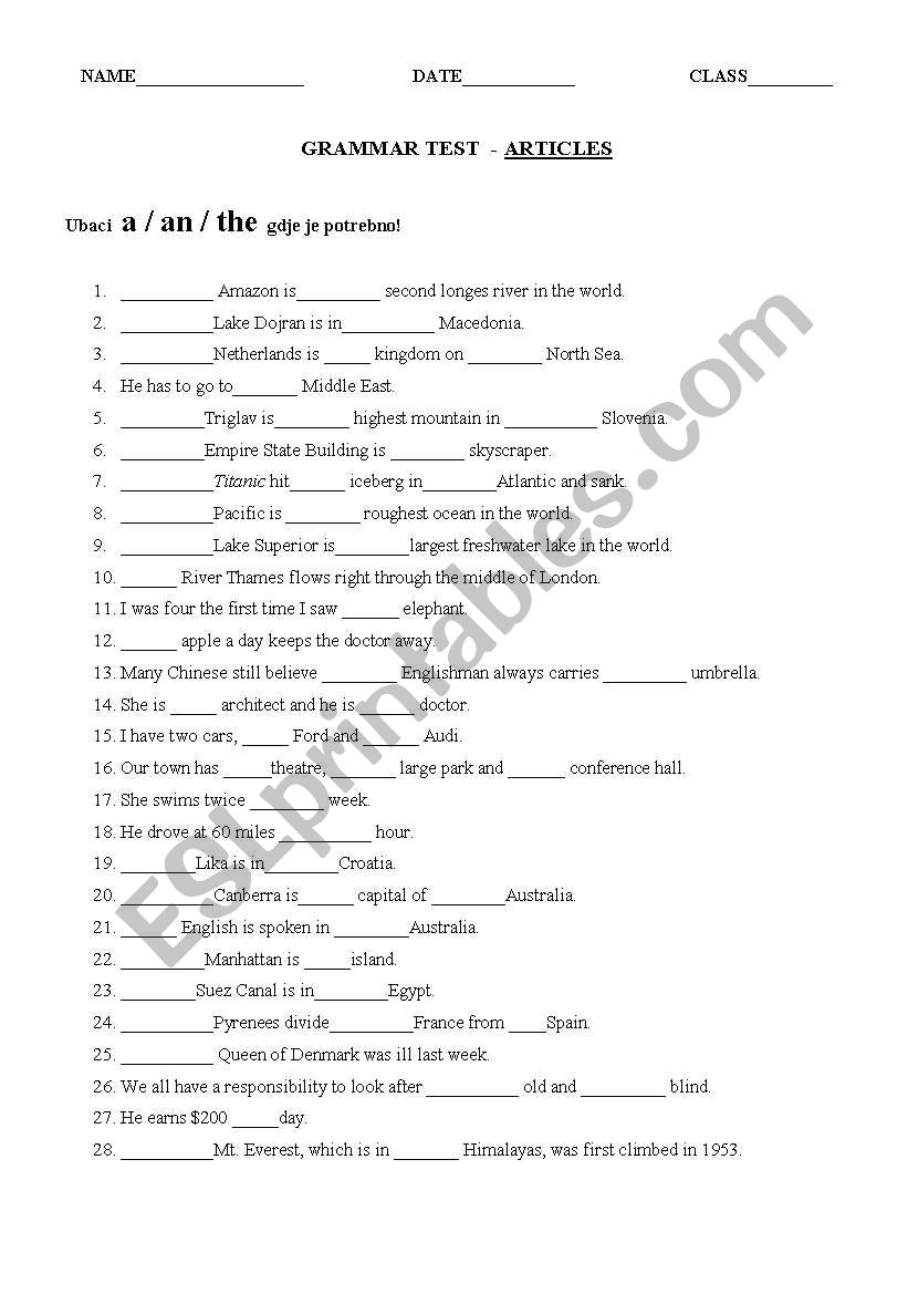 articels, test worksheet