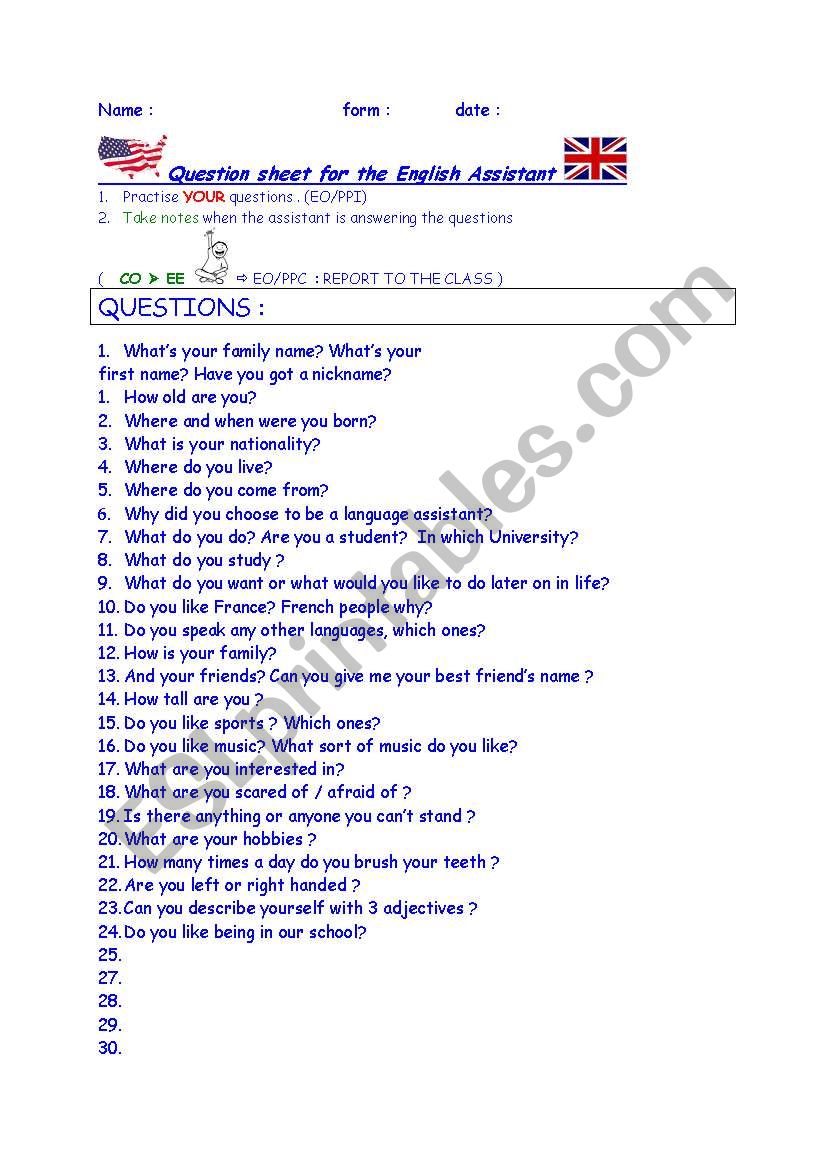 30 QUESTIONS to ASK TO THE ENGLISH ASSISTANT