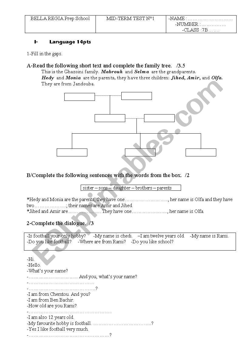 mid term test 7th worksheet