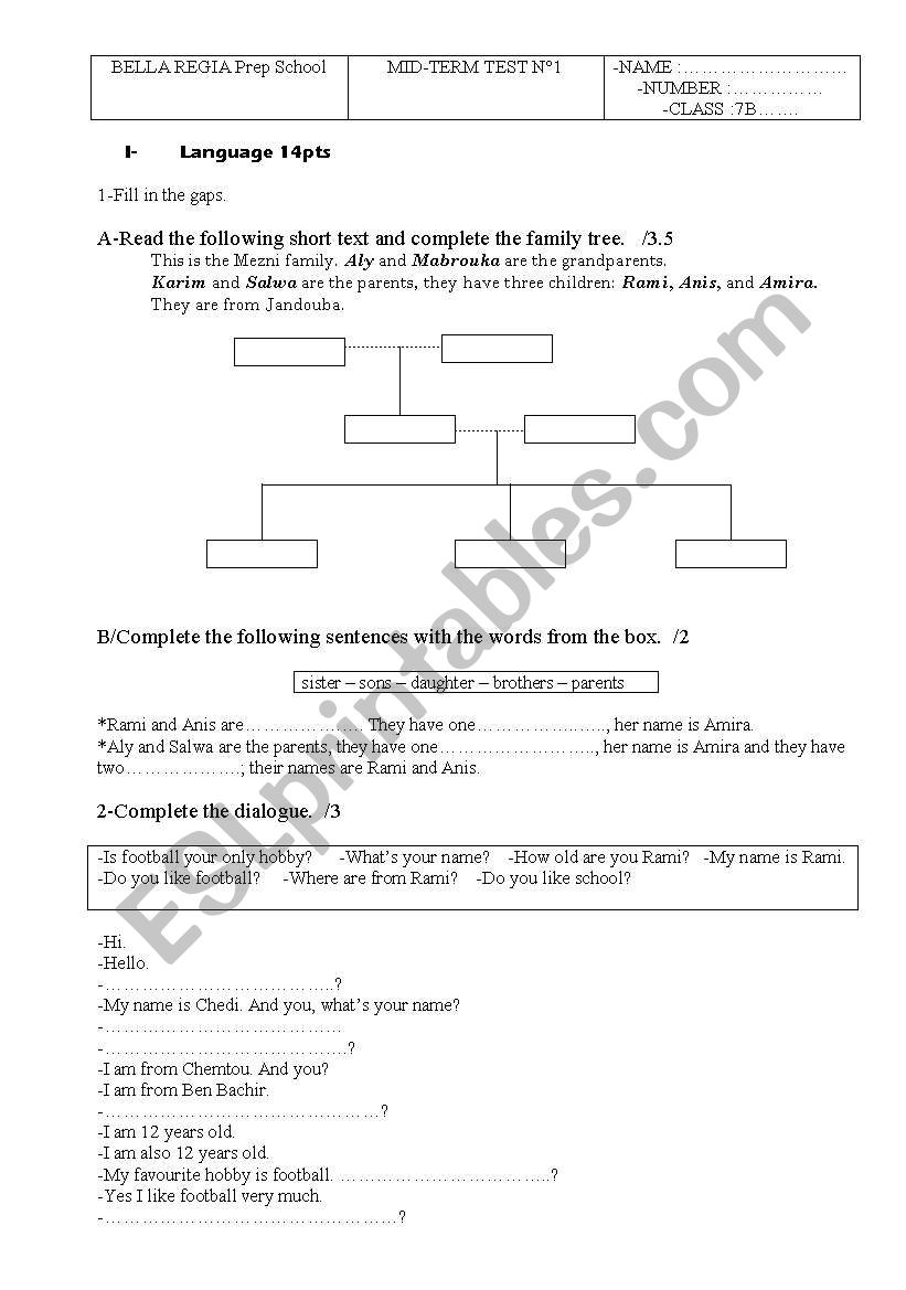 mid term test 7th worksheet