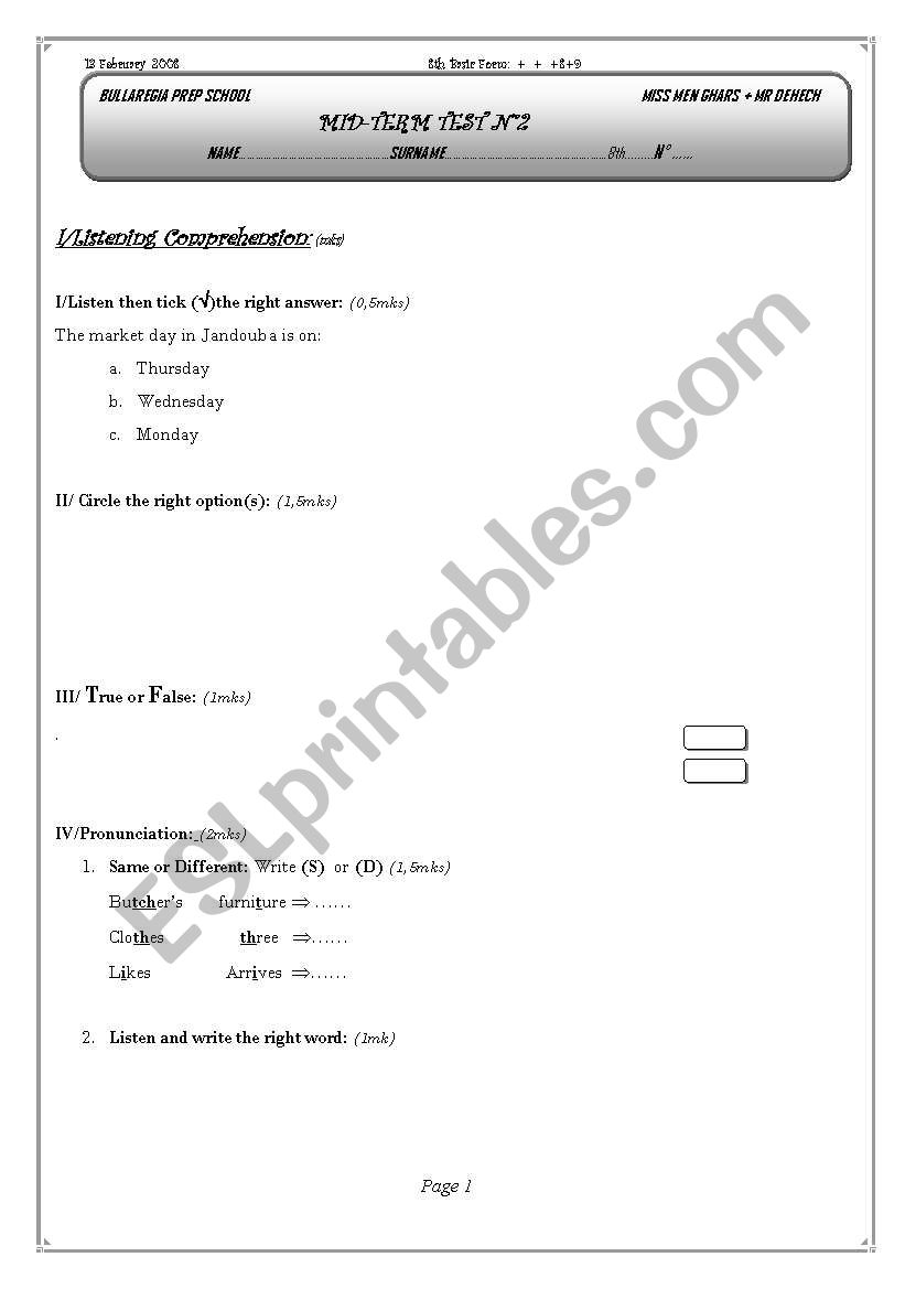 mid term test  8th worksheet