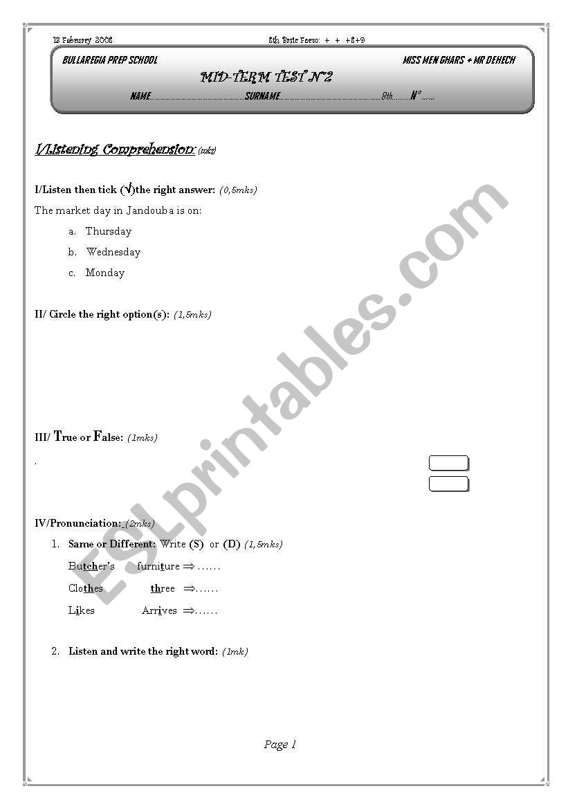 mid term test  8th worksheet