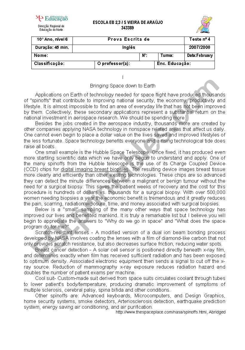 test on Spinoffs worksheet