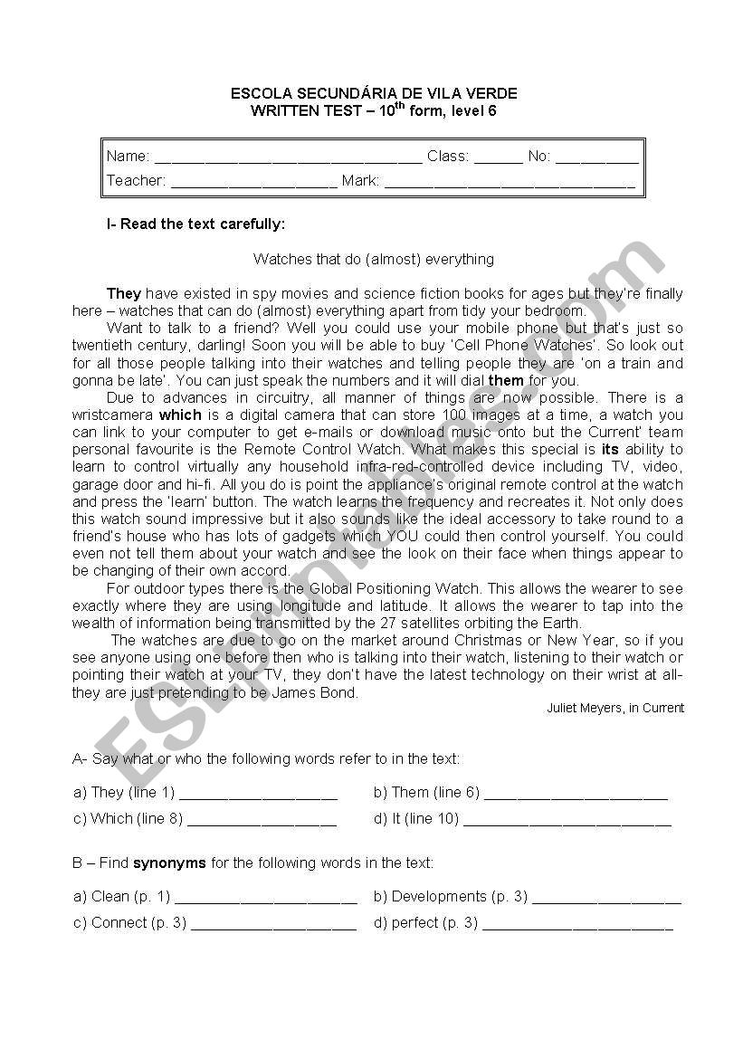 test on technology worksheet