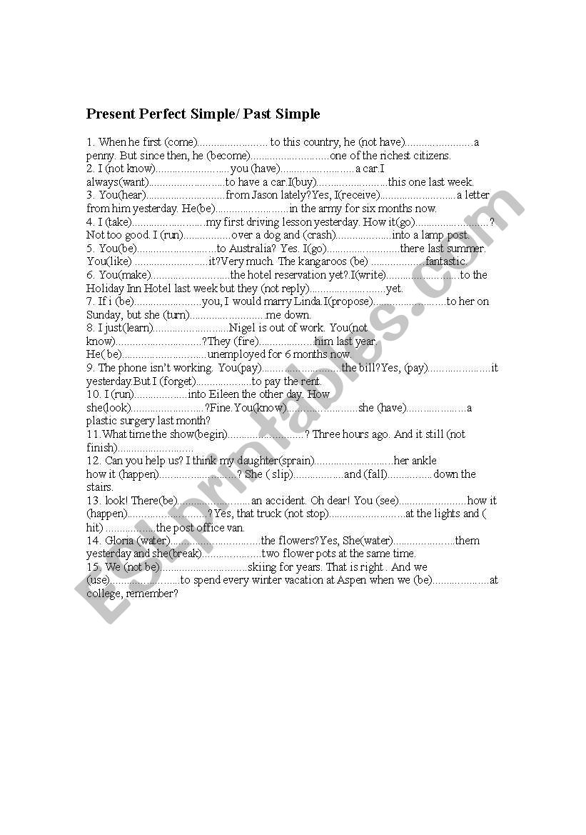 verb tenses worksheet