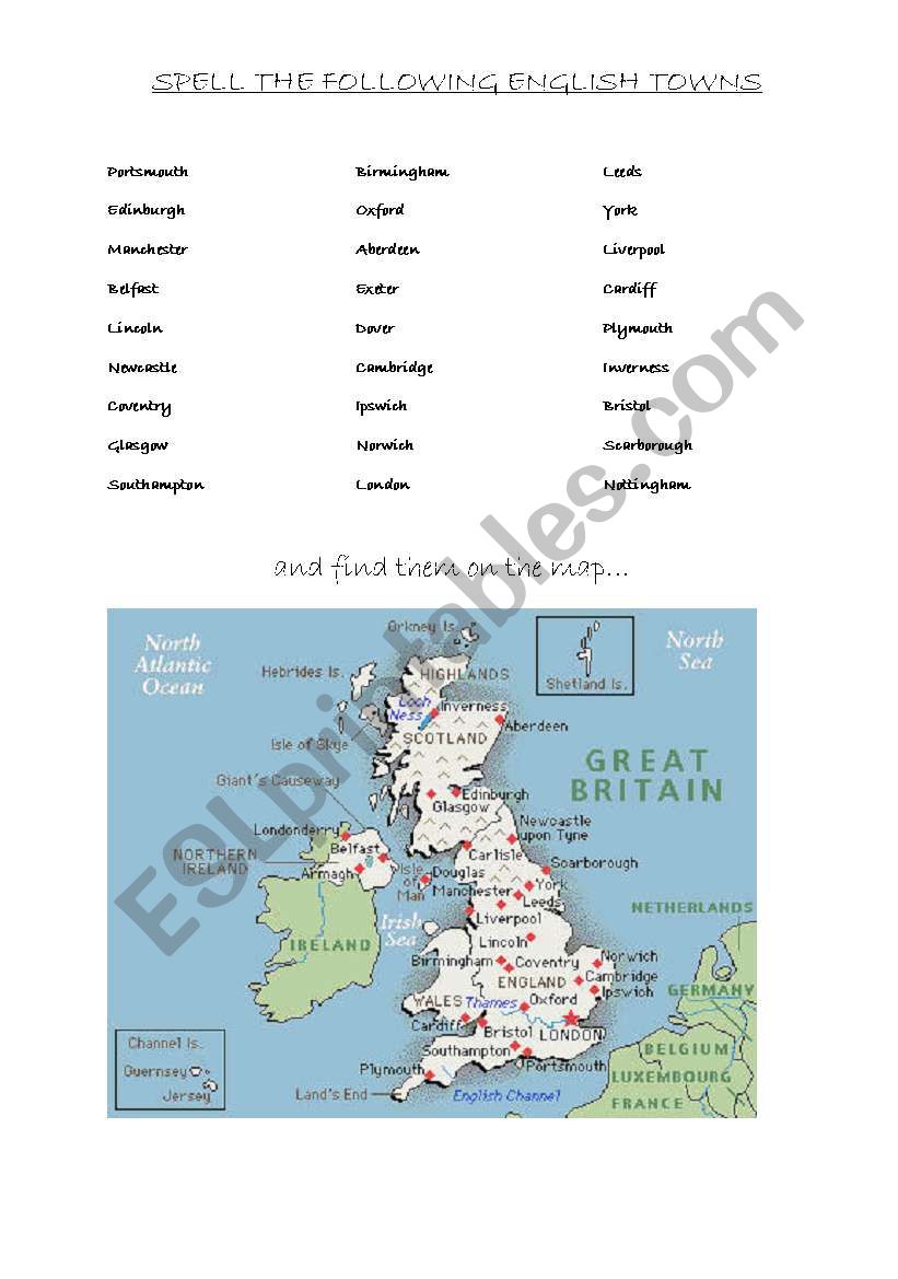 Spell and locate English towns