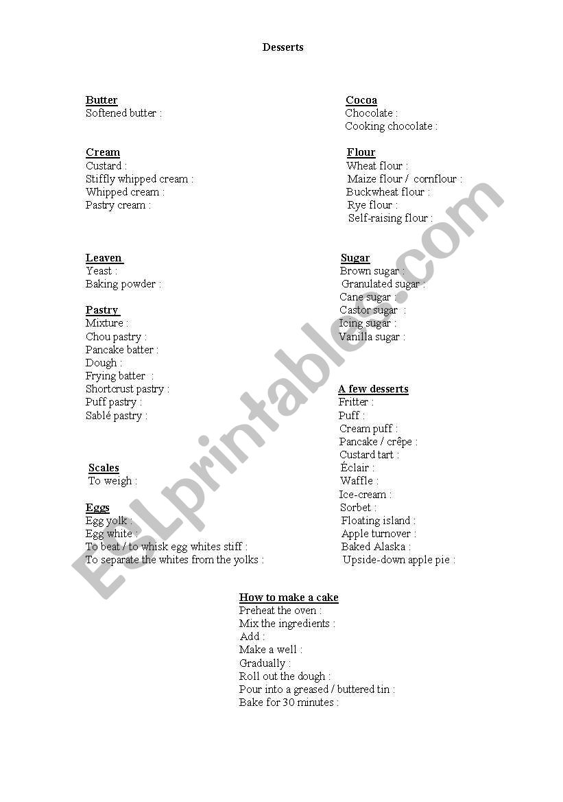 dessert vocabulary worksheet