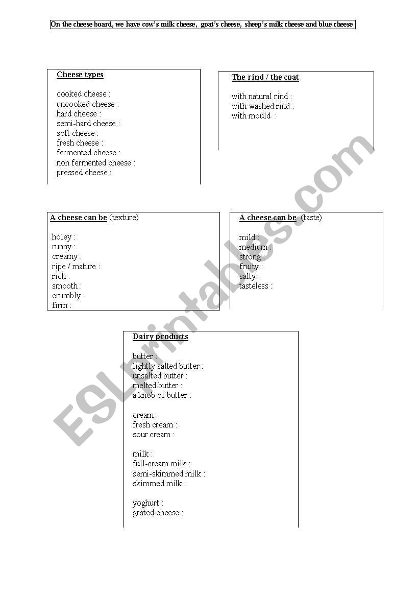Cheese and dairy products worksheet