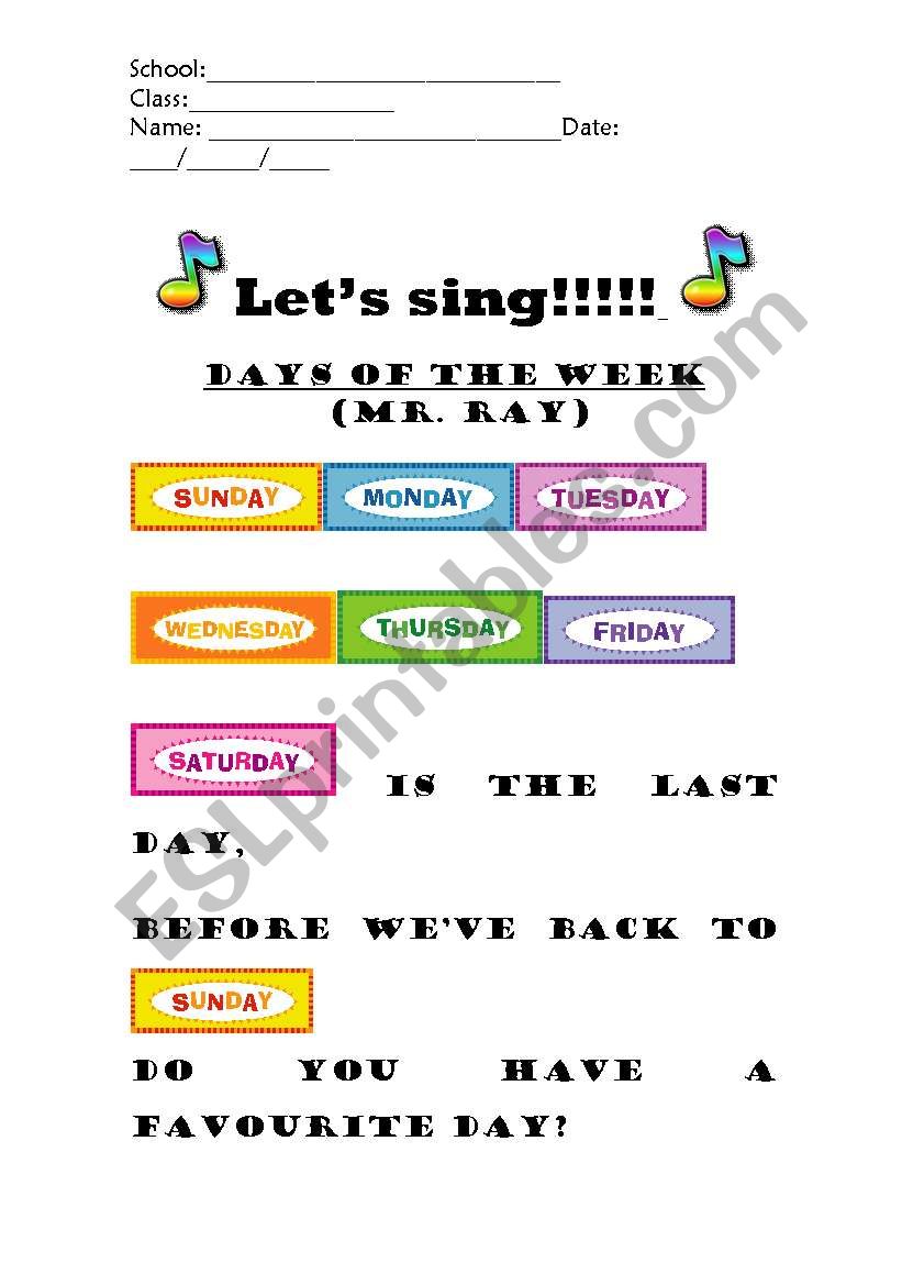 Days of the week worksheet