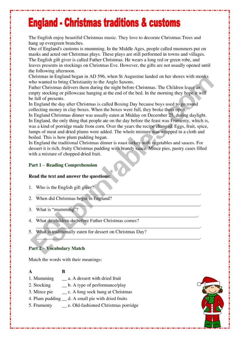 England - Christmas traditions&customs (Answer key included)