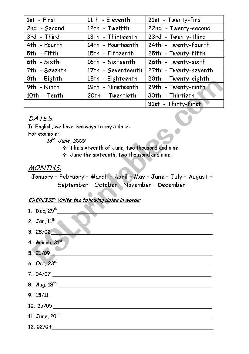 Ordinal Numbers, dates and Months of the year