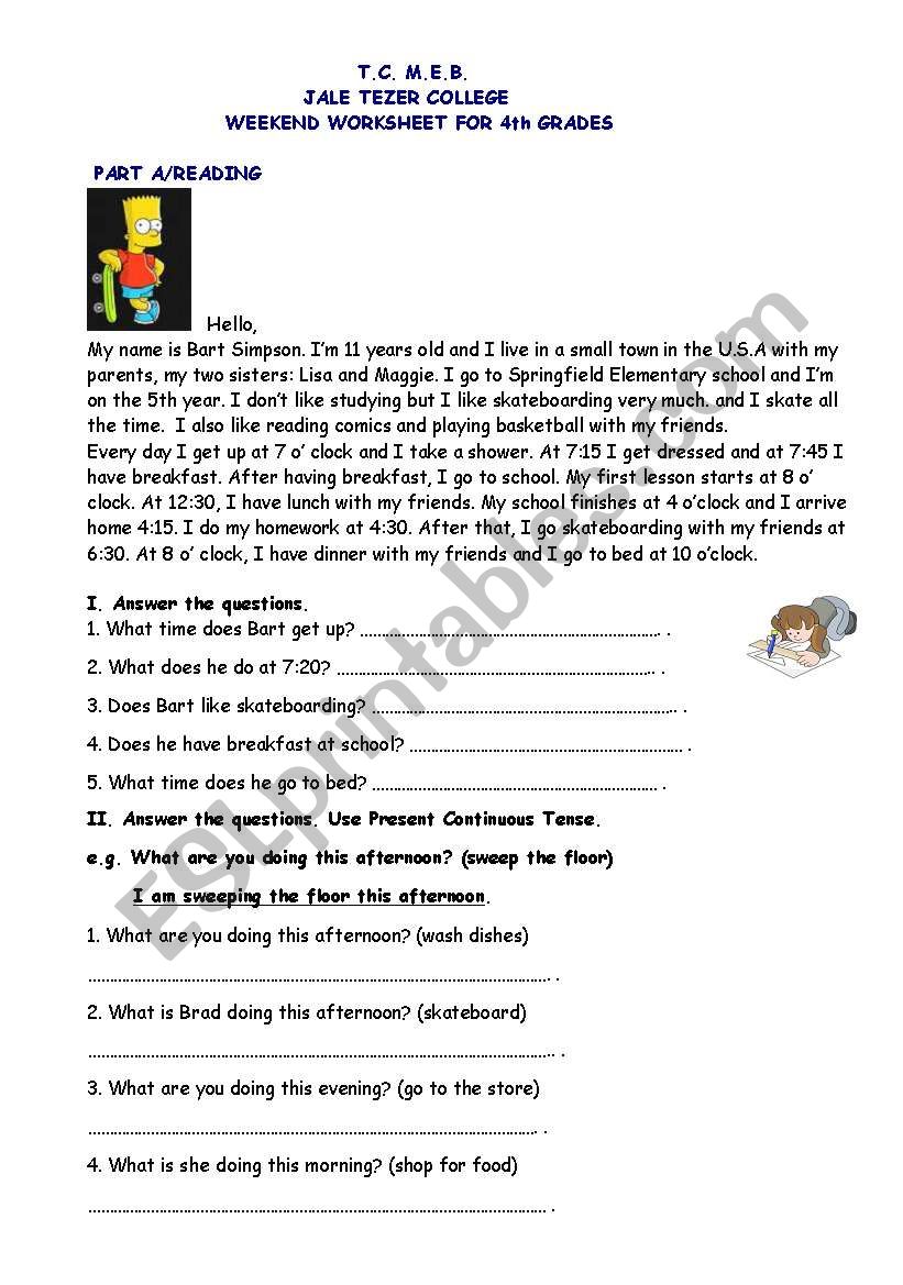 Worksheet about present continuous, daily routines, chores, etc.